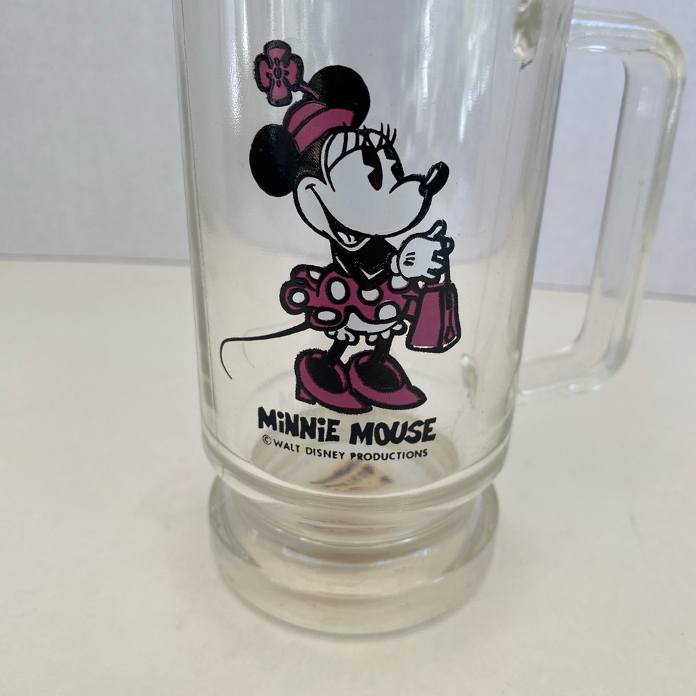 Disney Vintage Pink Minnie Mouse Glass Mug Handle Walt Disney World 1970s